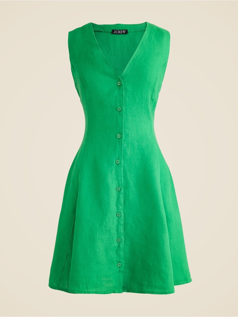 J. Crew Linen Mini Dress Green Tie Back Sleeveless Swing V-Neck Buttons